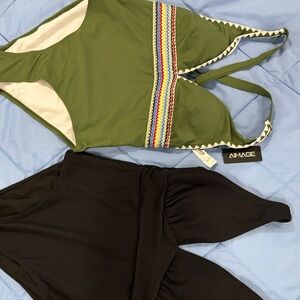 Two swim suits  Olive Green One-Piece with Multicolor Waistband and Black one